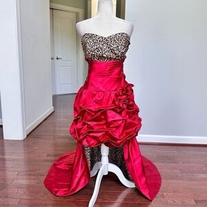 Vintage Fiesta Red Satin Leopard High Low Detachable Skirt Gown Dress XXL